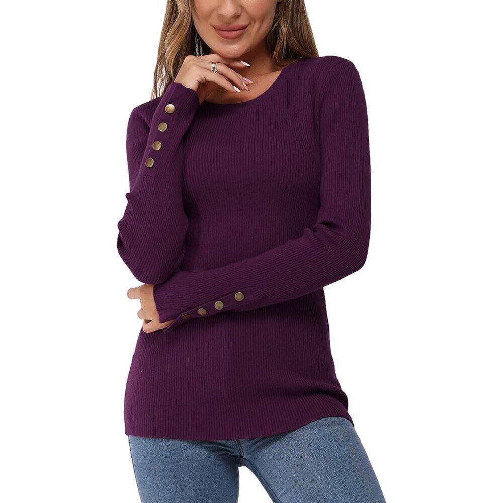 Women's Fall Sweater Viscose Blend Crew Neck Button Slim Fit Business Casual